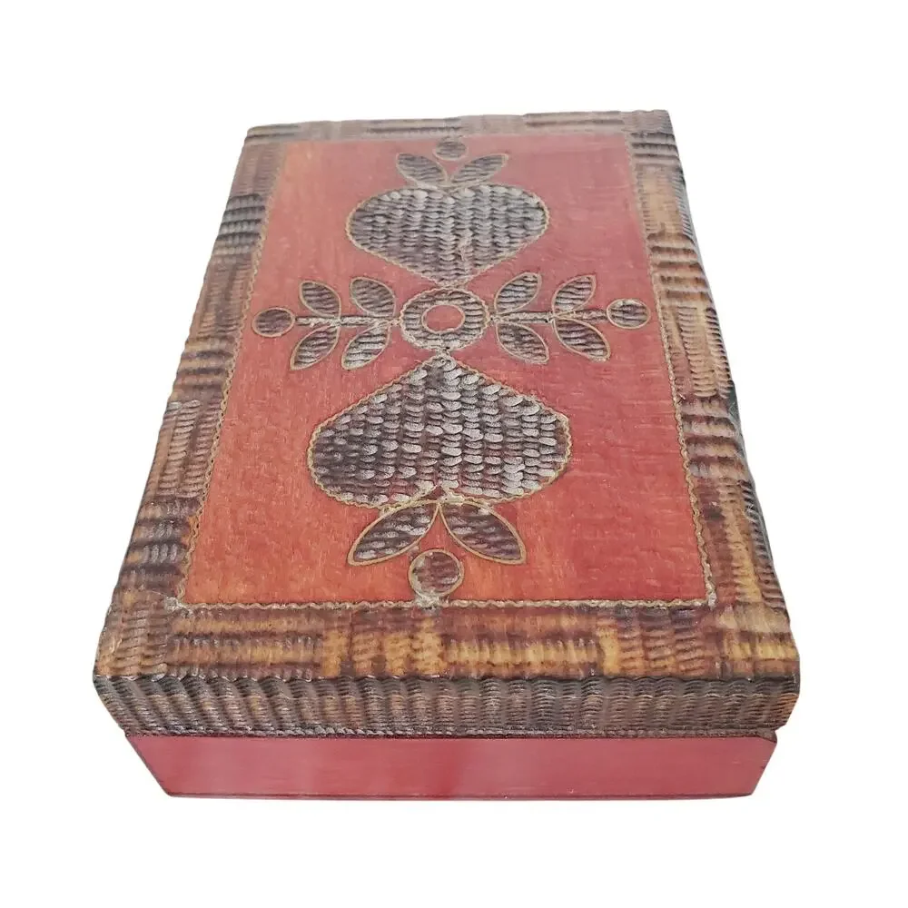Vintage Wooden Jewelry Trinket Box Hand-Carved Hearts Folk Art Handmade Collect